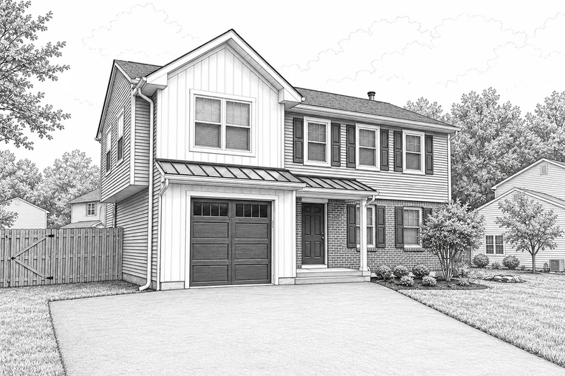 Line drawing of two-story home with a front gable, garage and covered entrance
