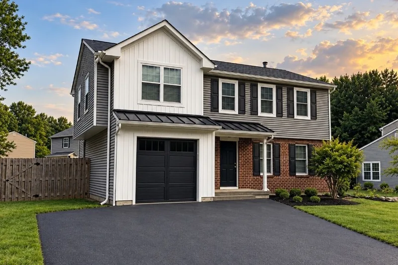 Two-story home with a front gable, garage and covered entrance