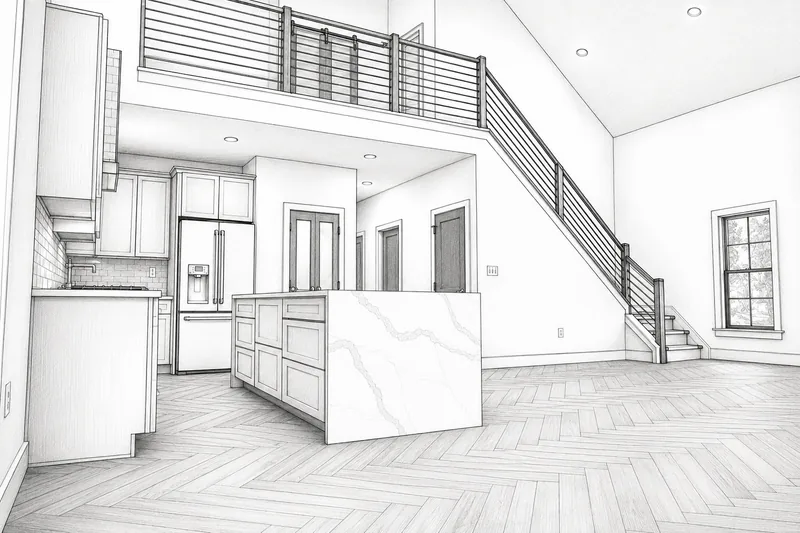 Line drawing of open kitchen with a waterfall island, wood floor and staircase to a loft