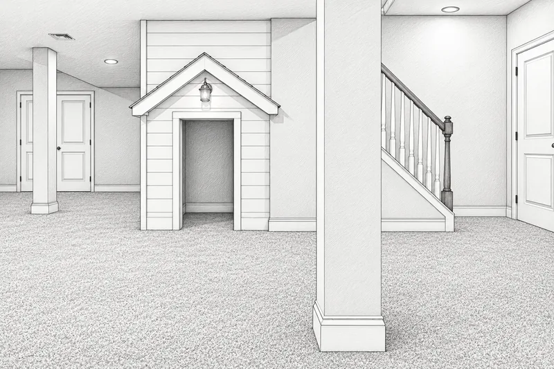 Line drawing of carpeted basement with a small playhouse beneath the stairs