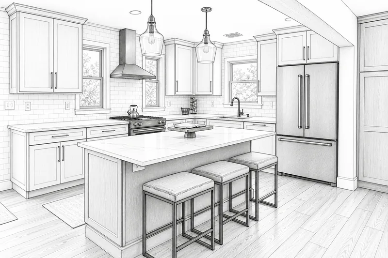 Line drawing of kitchen with white cabinets, black appliances, a wood island and stools